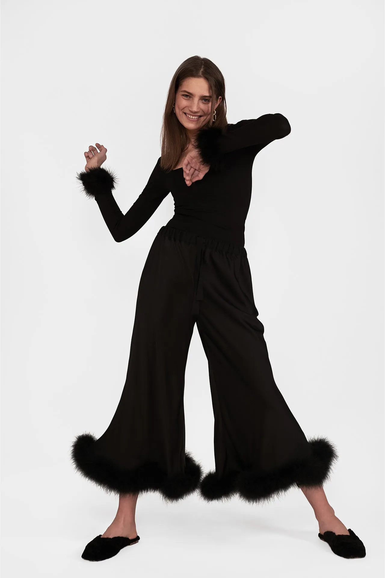 Black Boudoir Pants with Feathers