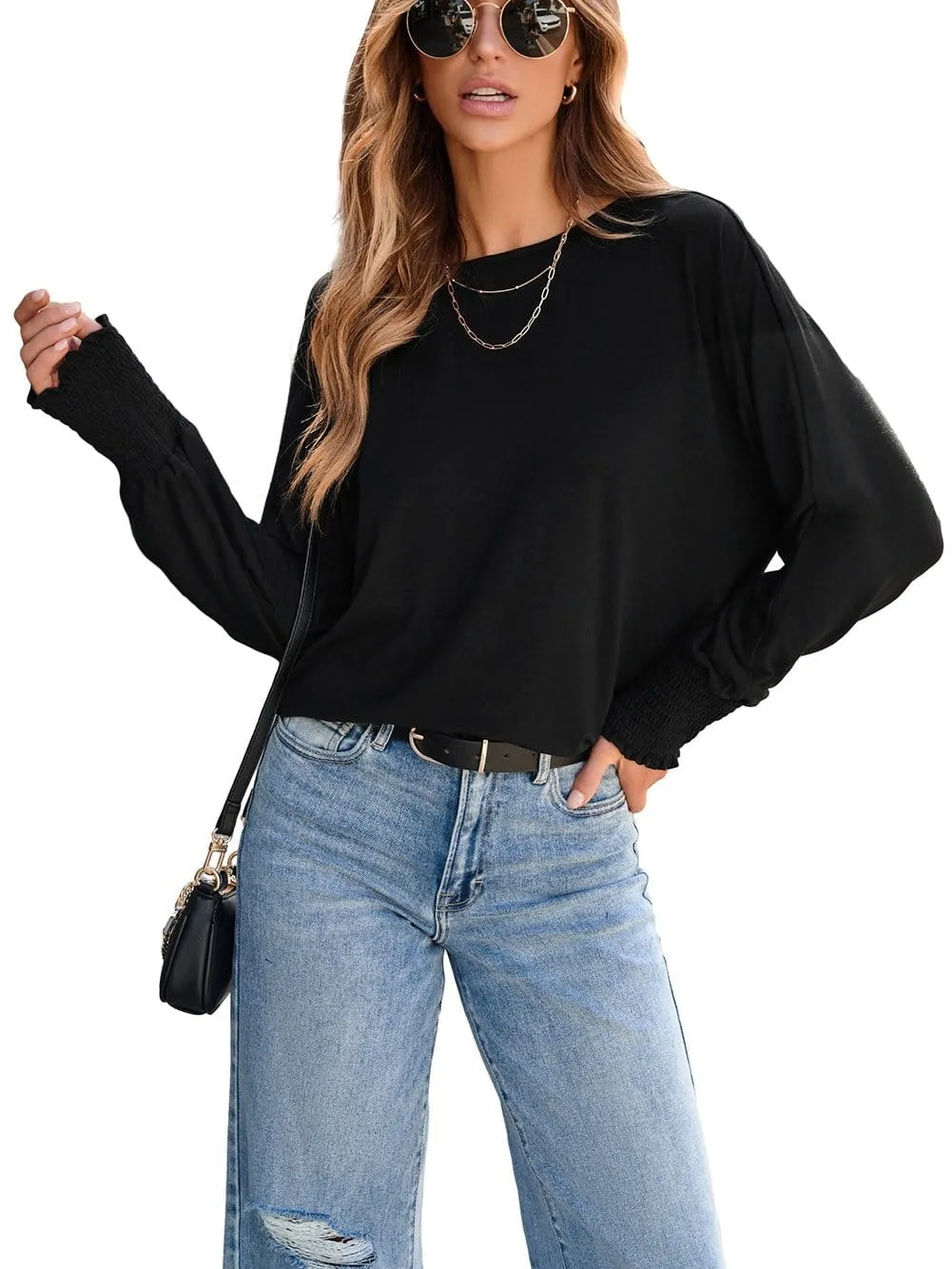 Black Long Sleeve T-Shirt with Cuffed Sleeves