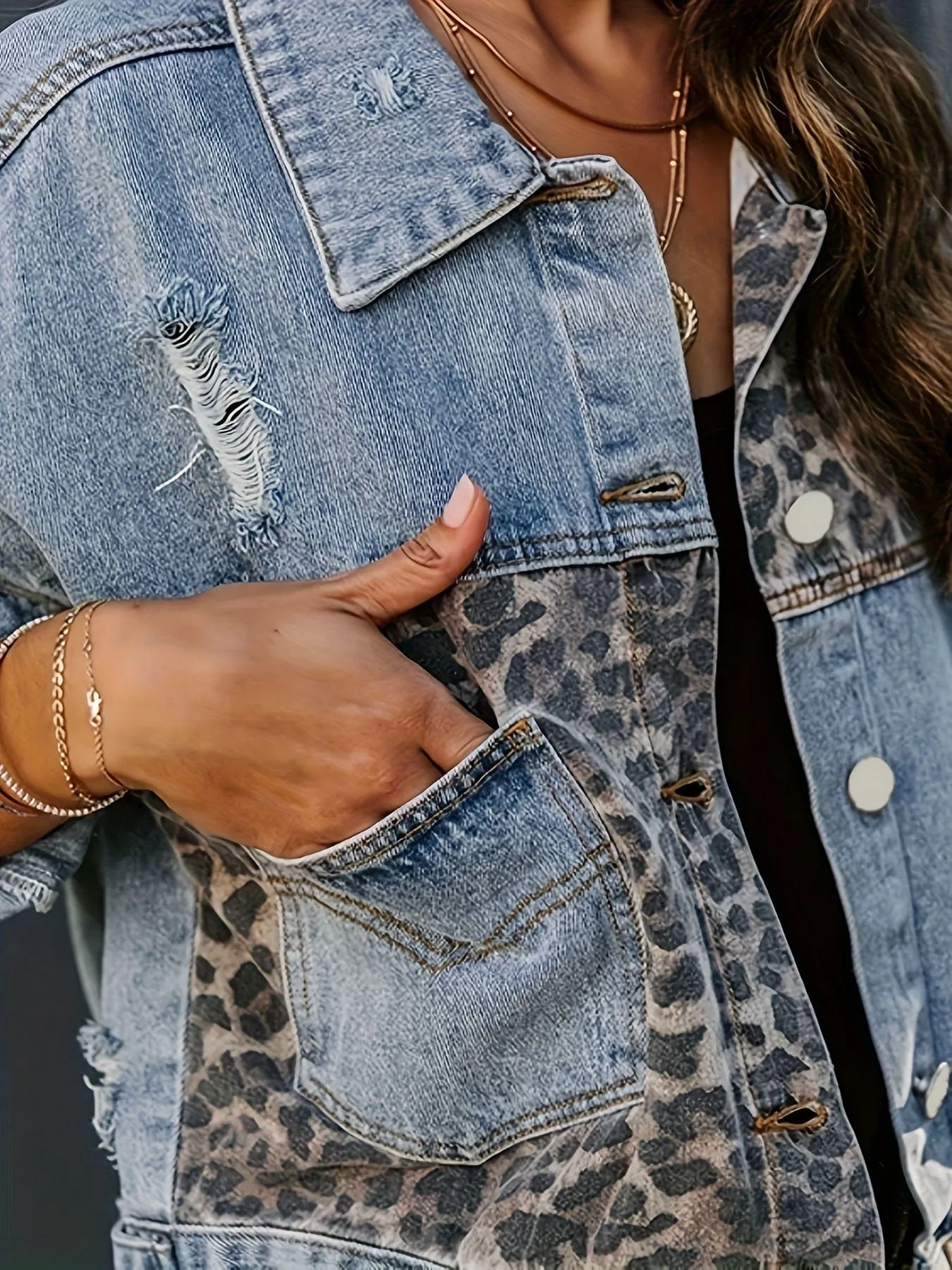 Blue Denim Jacket with Leopard Print
