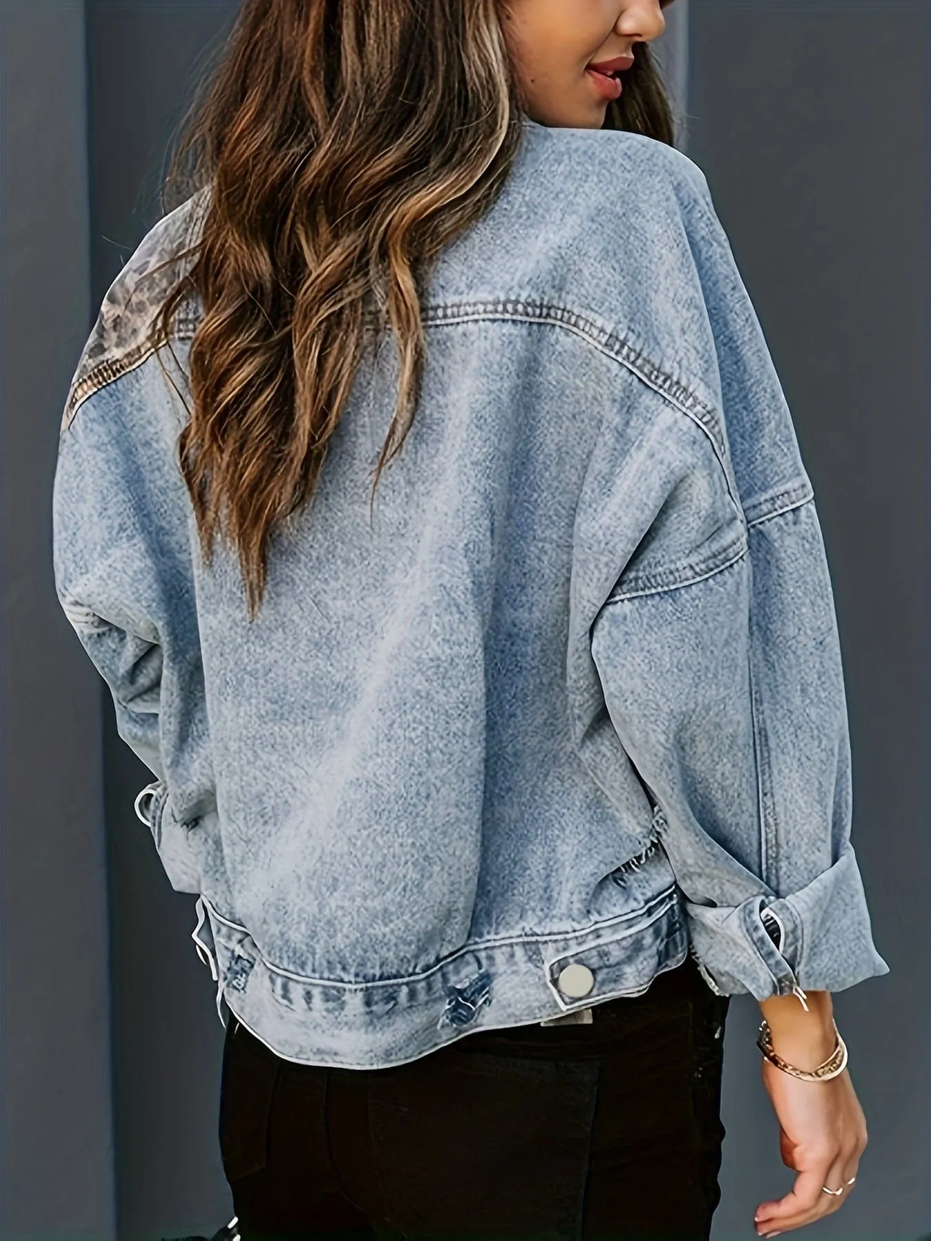 Blue Denim Jacket with Leopard Print