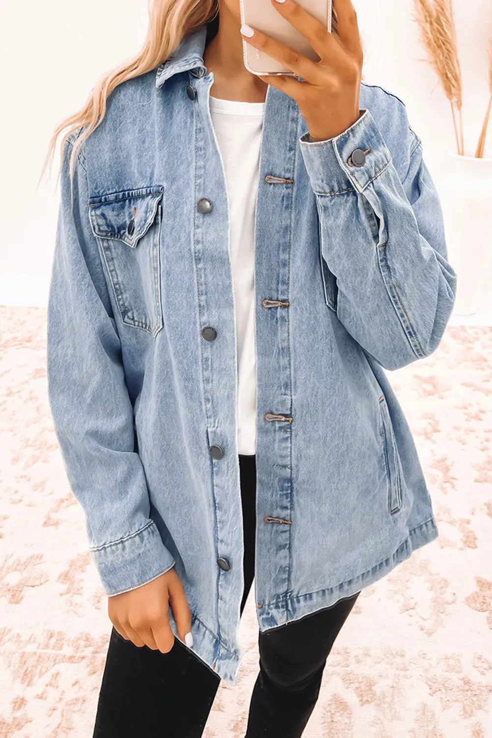 Blue Denim Jacket with Leopard Print