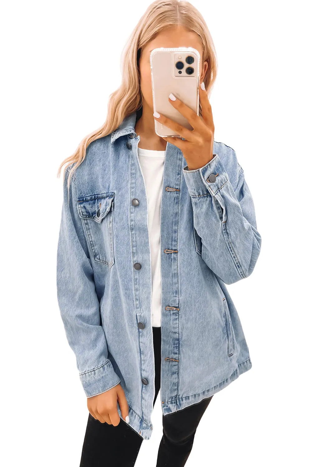 Blue Denim Jacket with Leopard Print