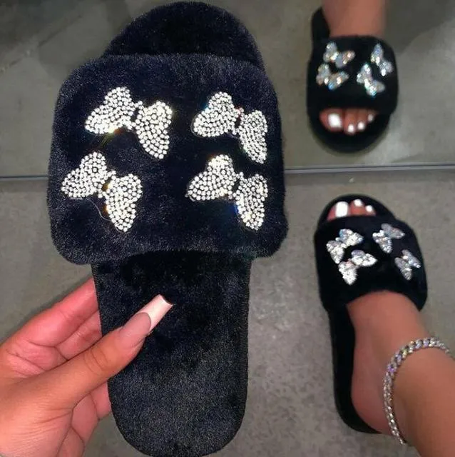 Butterfly Rhinestone Fluffy Slipper