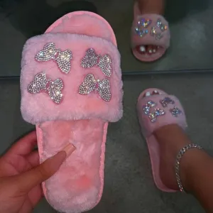 Butterfly Rhinestone Fluffy Slipper
