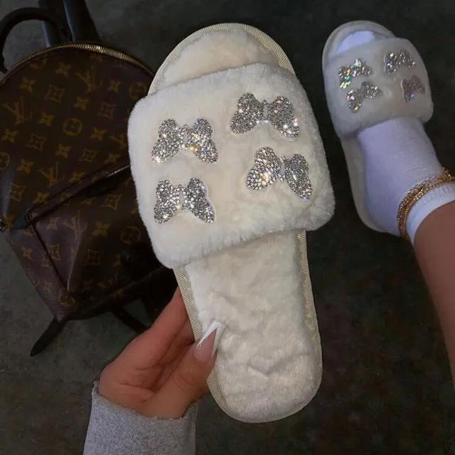 Butterfly Rhinestone Fluffy Slipper