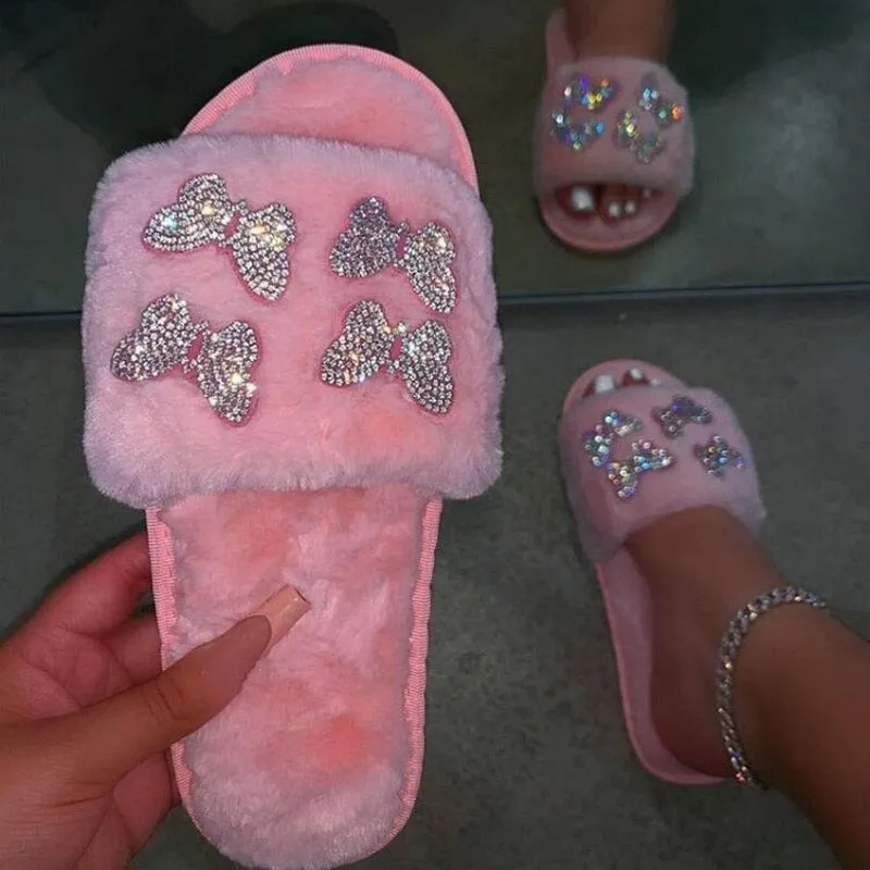 Butterfly Rhinestone Fluffy Slipper