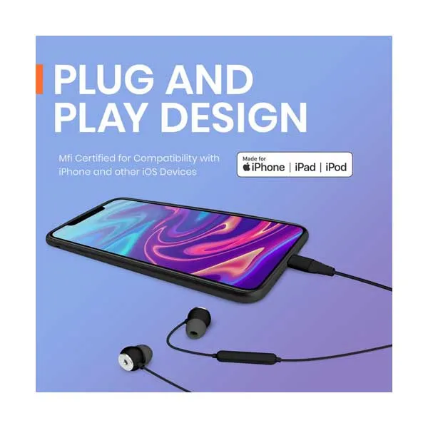 Helix ETHSELTB Black UltraBuds SE Lightning iOS Earbuds with Built-In Mic and Track Controls