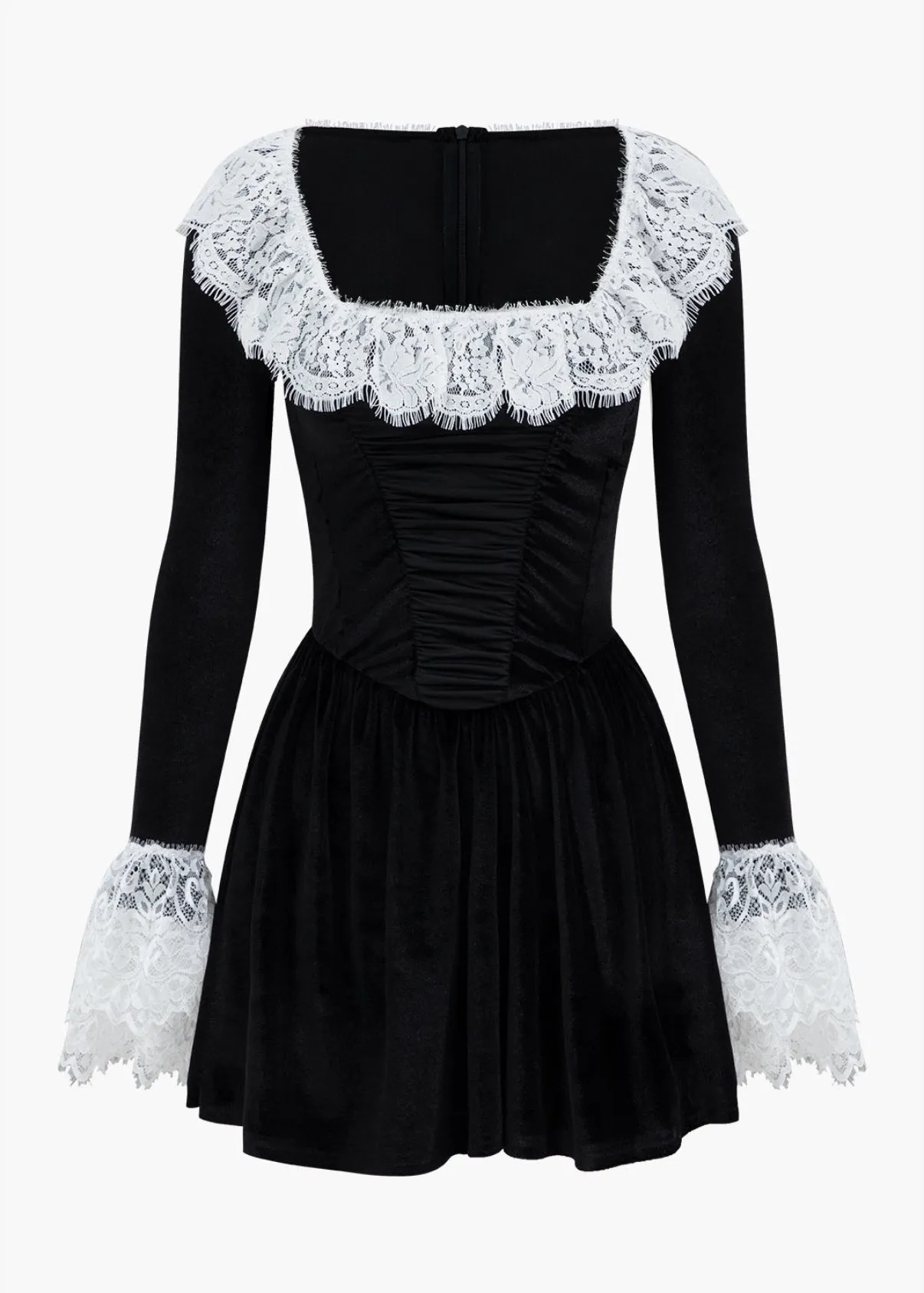 Lace Patchwork Long-Sleeved Velvet Mini Dress