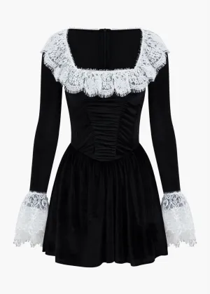 Lace Patchwork Long-Sleeved Velvet Mini Dress
