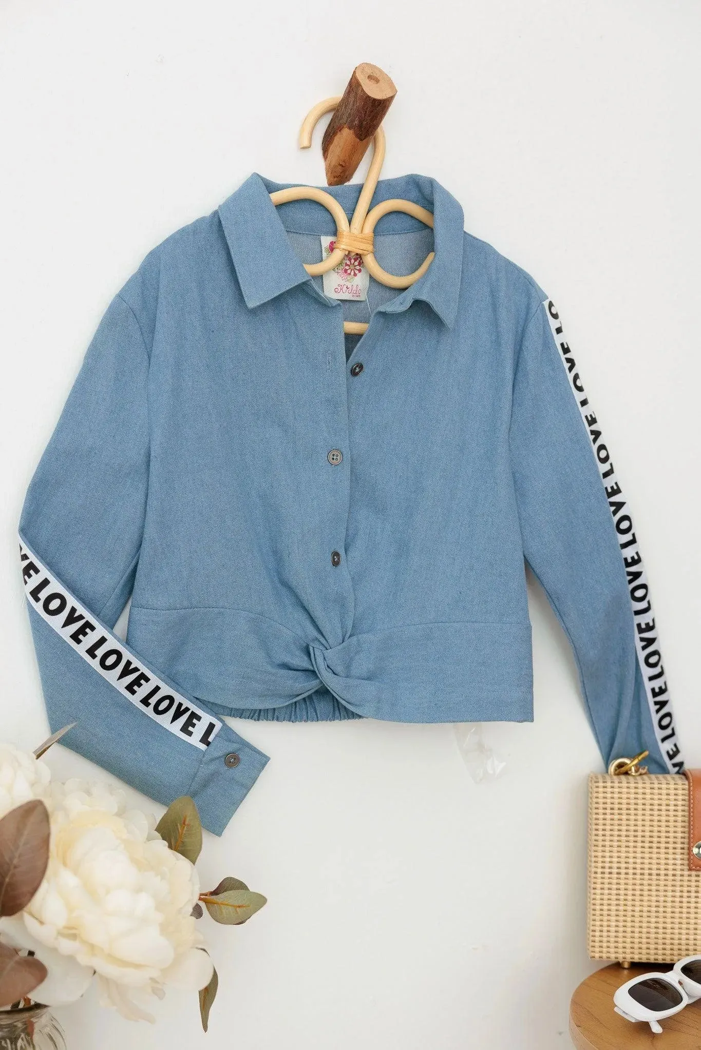 Little Girls Denim "Love" Lettering Button Up Knot Top