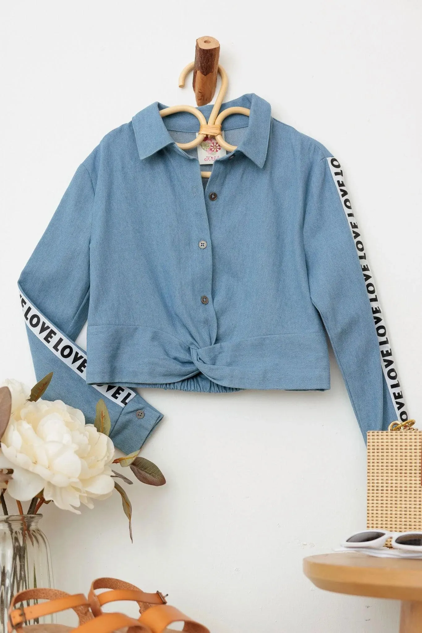 Little Girls Denim "Love" Lettering Button Up Knot Top