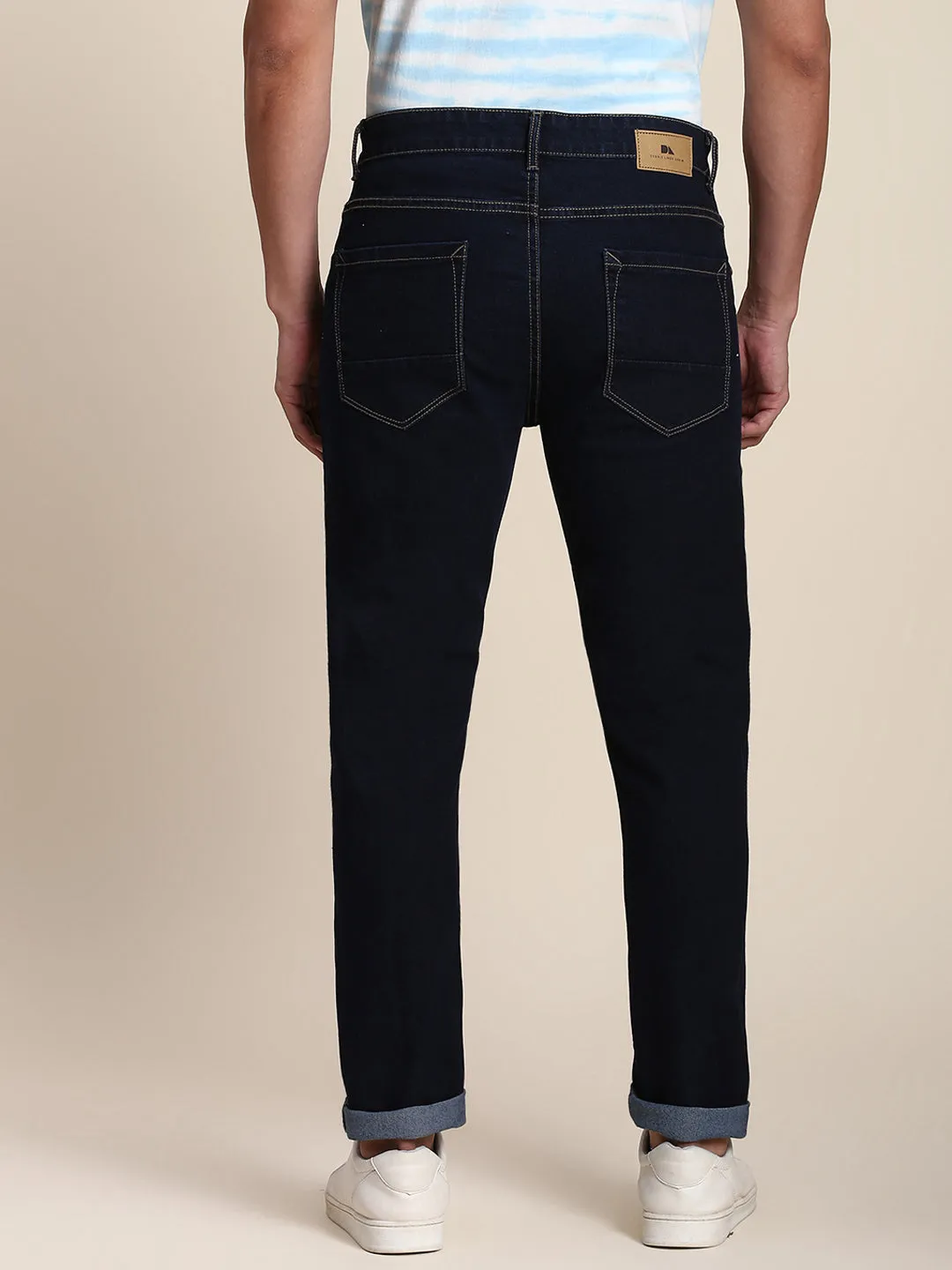 Men's Slim Fit Dark Blue Jeans With 5-Pockets Mid-Rise Stretchable Waistband & Belt Loops