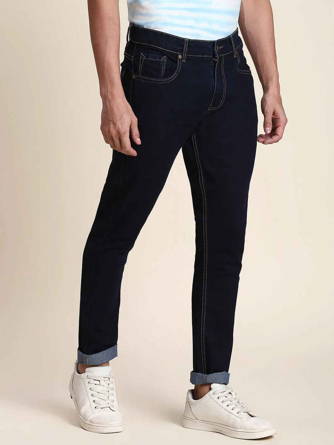 Men's Slim Fit Dark Blue Jeans With 5-Pockets Mid-Rise Stretchable Waistband & Belt Loops
