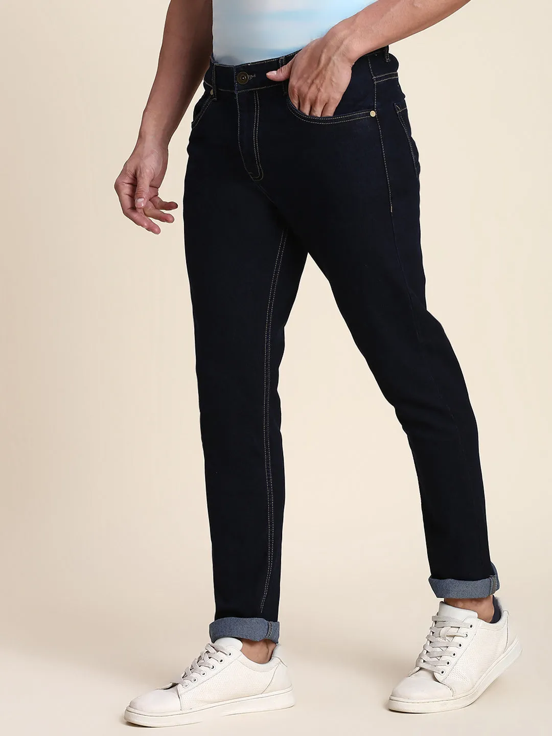 Men's Slim Fit Dark Blue Jeans With 5-Pockets Mid-Rise Stretchable Waistband & Belt Loops