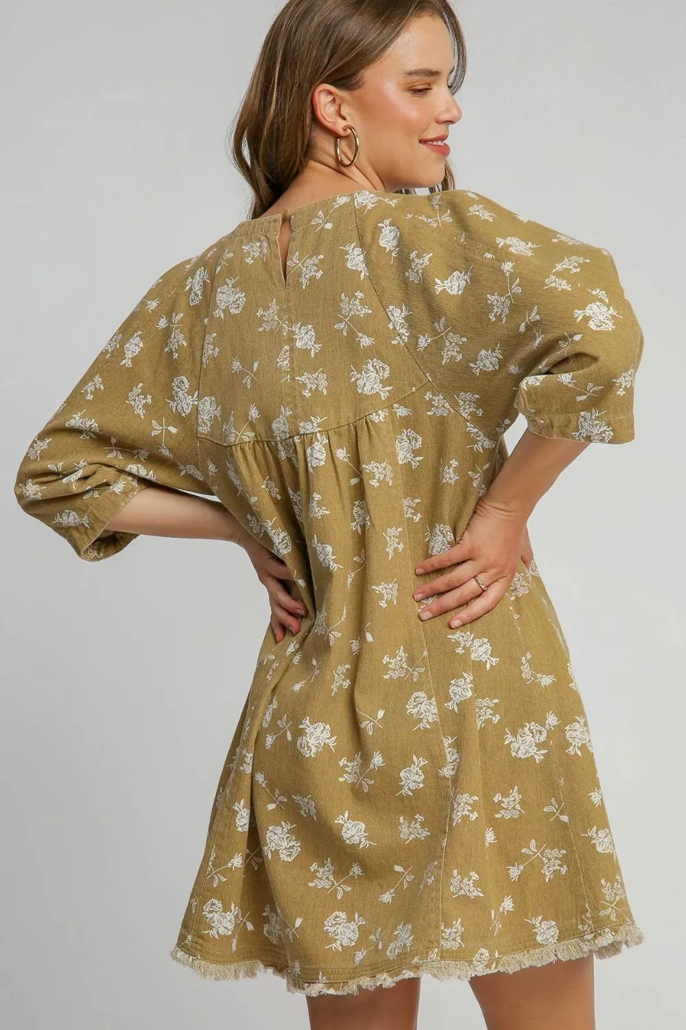 MQTIME  -  Umgee Raw Hem Floral Print Round Neck Denim Dress