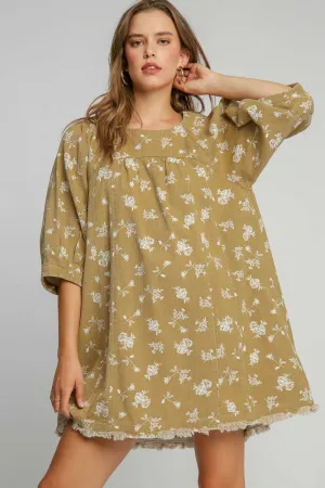 MQTIME  -  Umgee Raw Hem Floral Print Round Neck Denim Dress