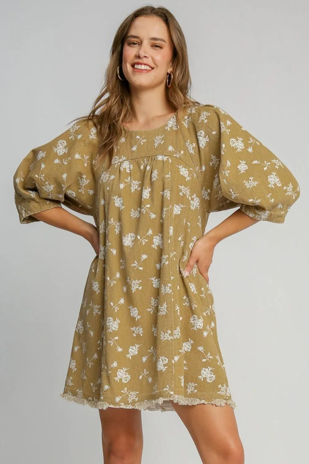 MQTIME  -  Umgee Raw Hem Floral Print Round Neck Denim Dress