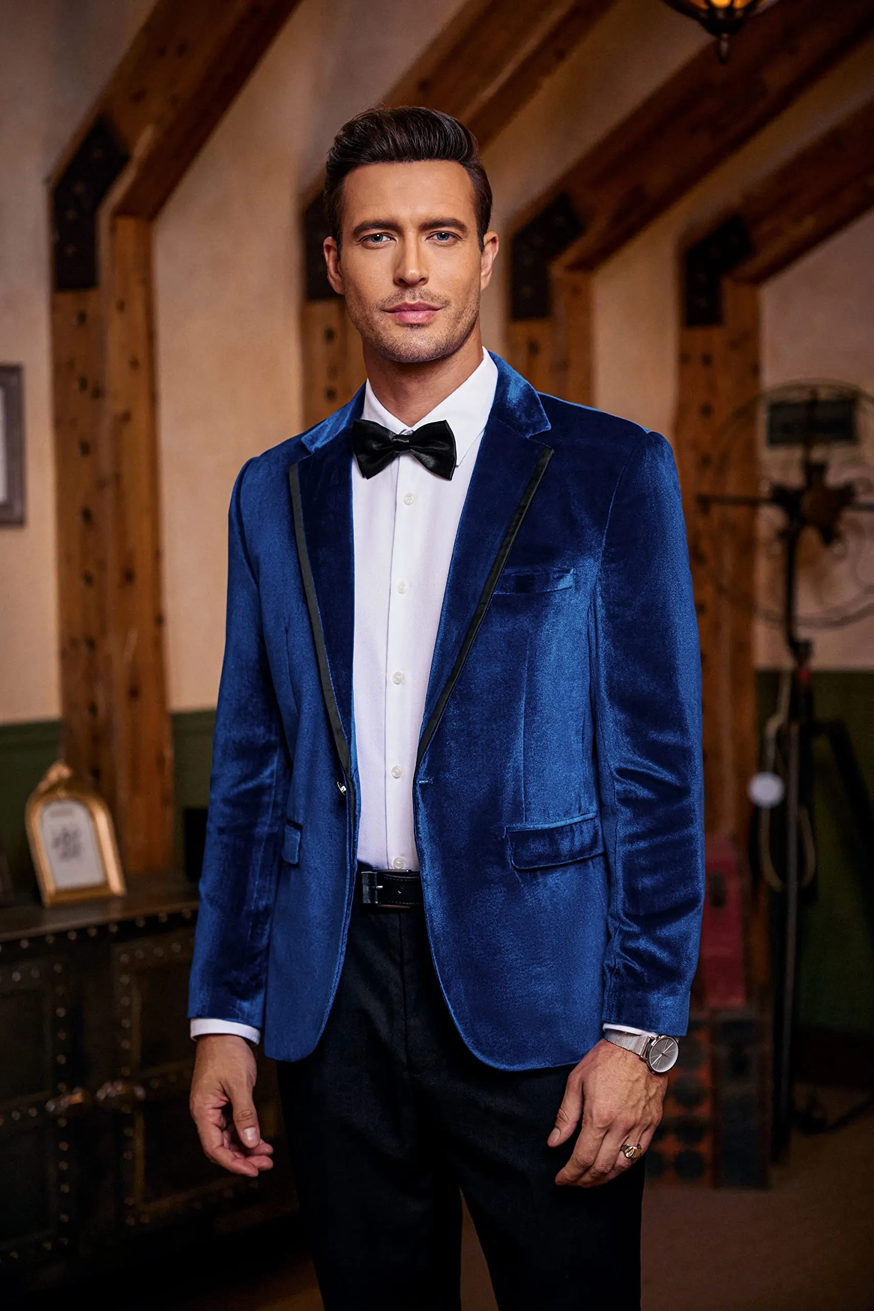 Navy Blue Men's Designer Style Velvet Lapel Long Sleeve Blazer