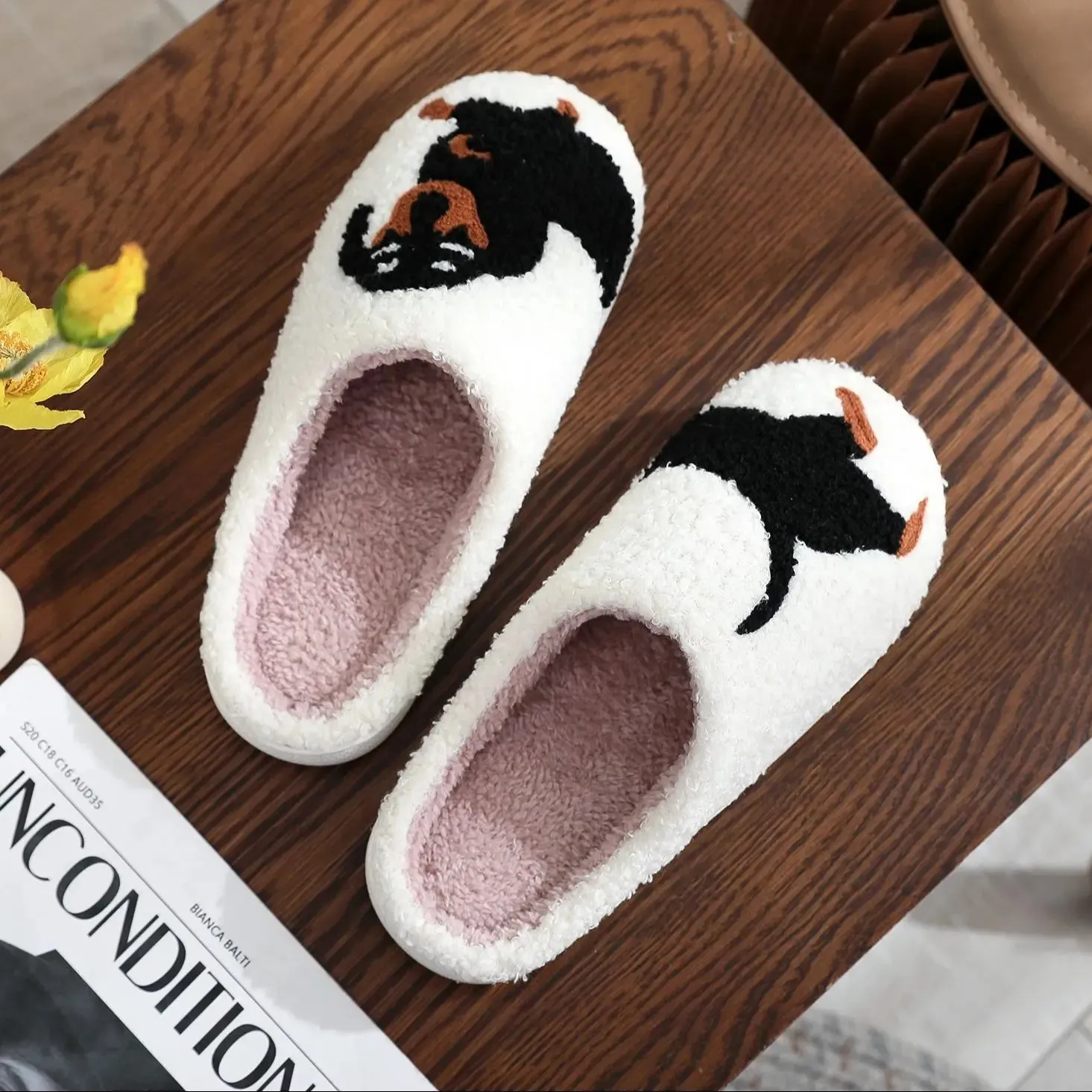 Pet Pattern Dachshund Embroidery stuffed Home Thick Sole plaid Furry Cotton Slippers Cute Warm Non-slip Indoor Slippers Pet Mom Gift
