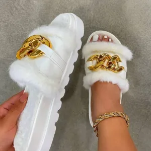Plush Slippers Open Toe Solid Woman Comfort Middle Heel, Sandals Metal Chain Outdoor Casual Shoes