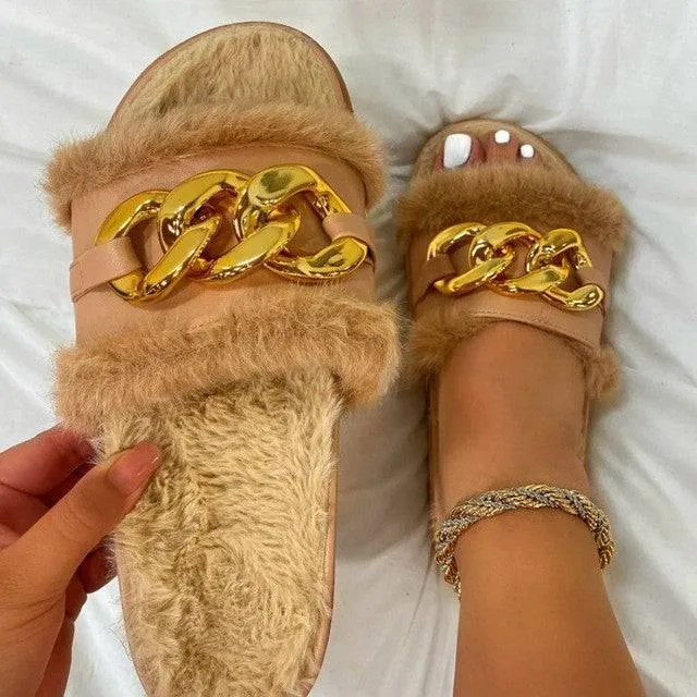 Plush Slippers Open Toe Solid Woman Comfort Middle Heel, Sandals Metal Chain Outdoor Casual Shoes