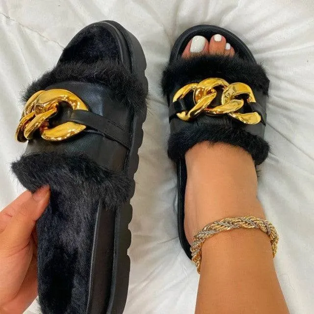 Plush Slippers Open Toe Solid Woman Comfort Middle Heel, Sandals Metal Chain Outdoor Casual Shoes