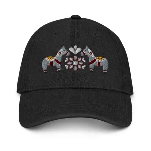 Swedish Dala Horse Embroidered Denim Dad Hat - Gray