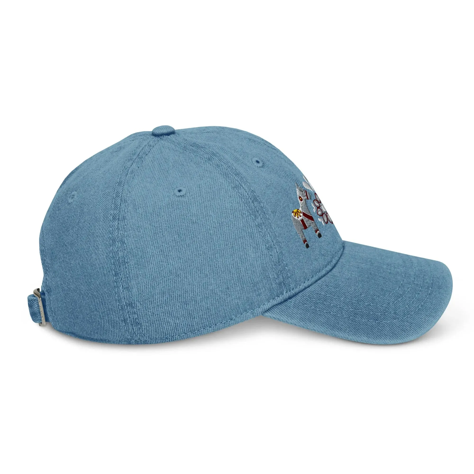 Swedish Dala Horse Embroidered Denim Dad Hat - Gray