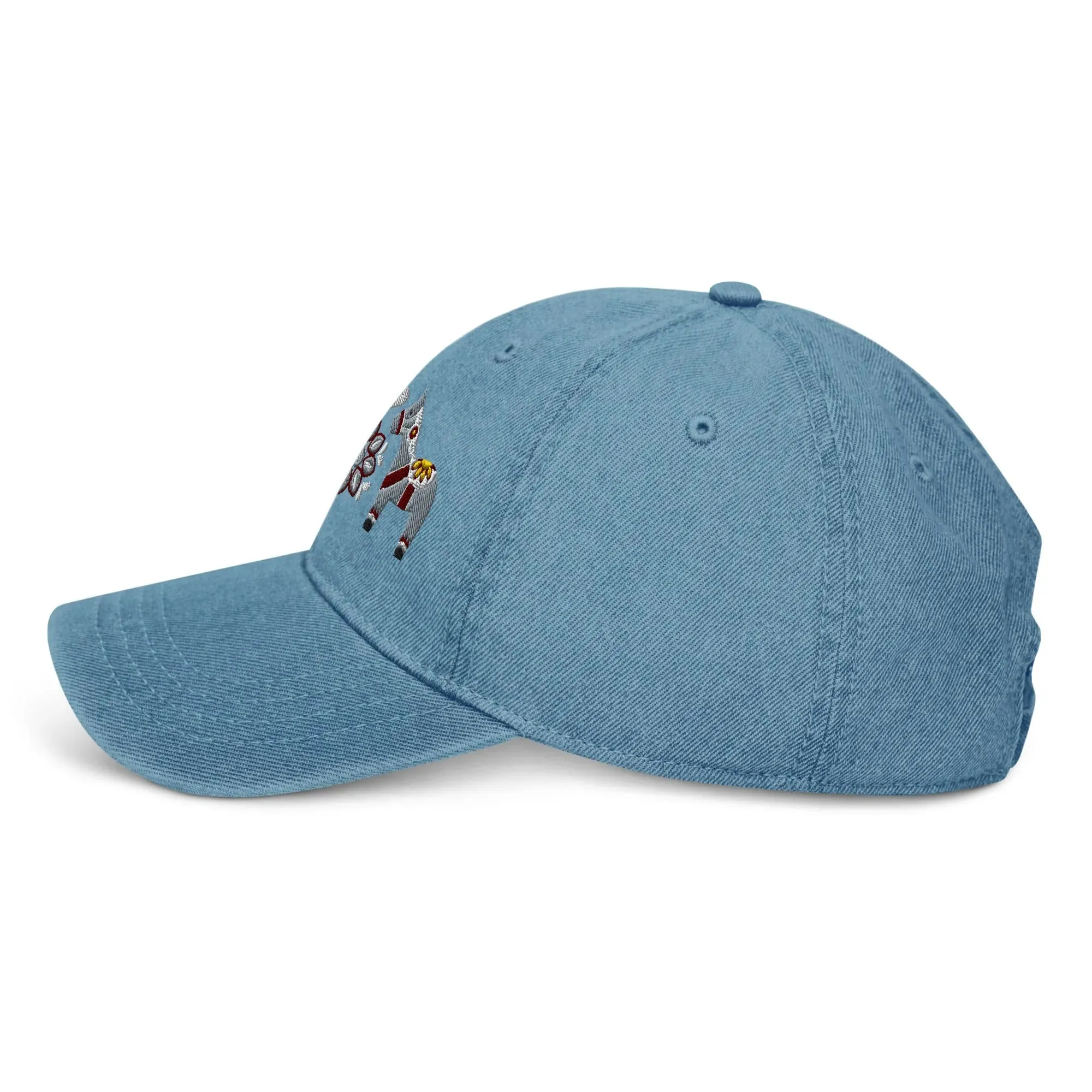Swedish Dala Horse Embroidered Denim Dad Hat - Gray