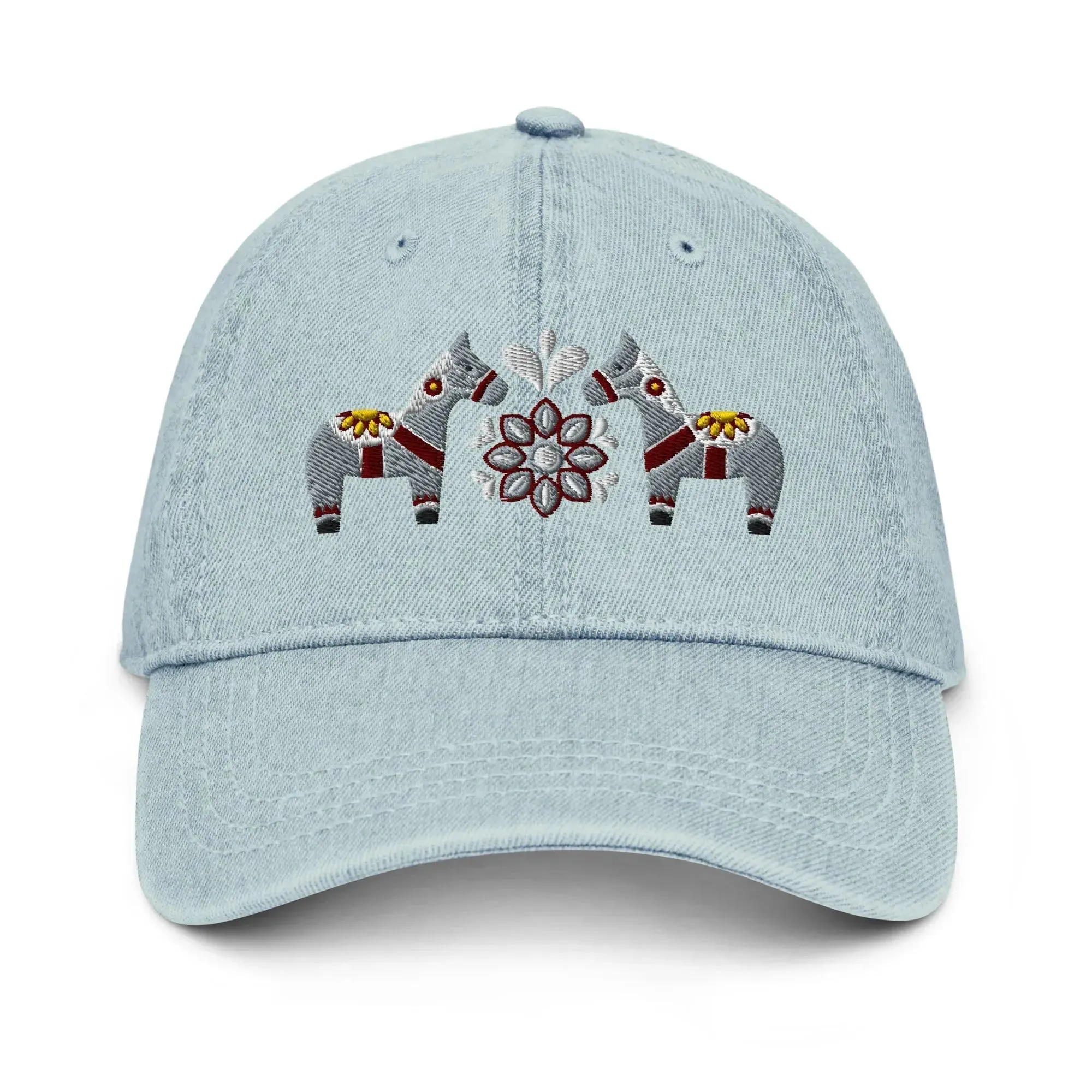 Swedish Dala Horse Embroidered Denim Dad Hat - Gray