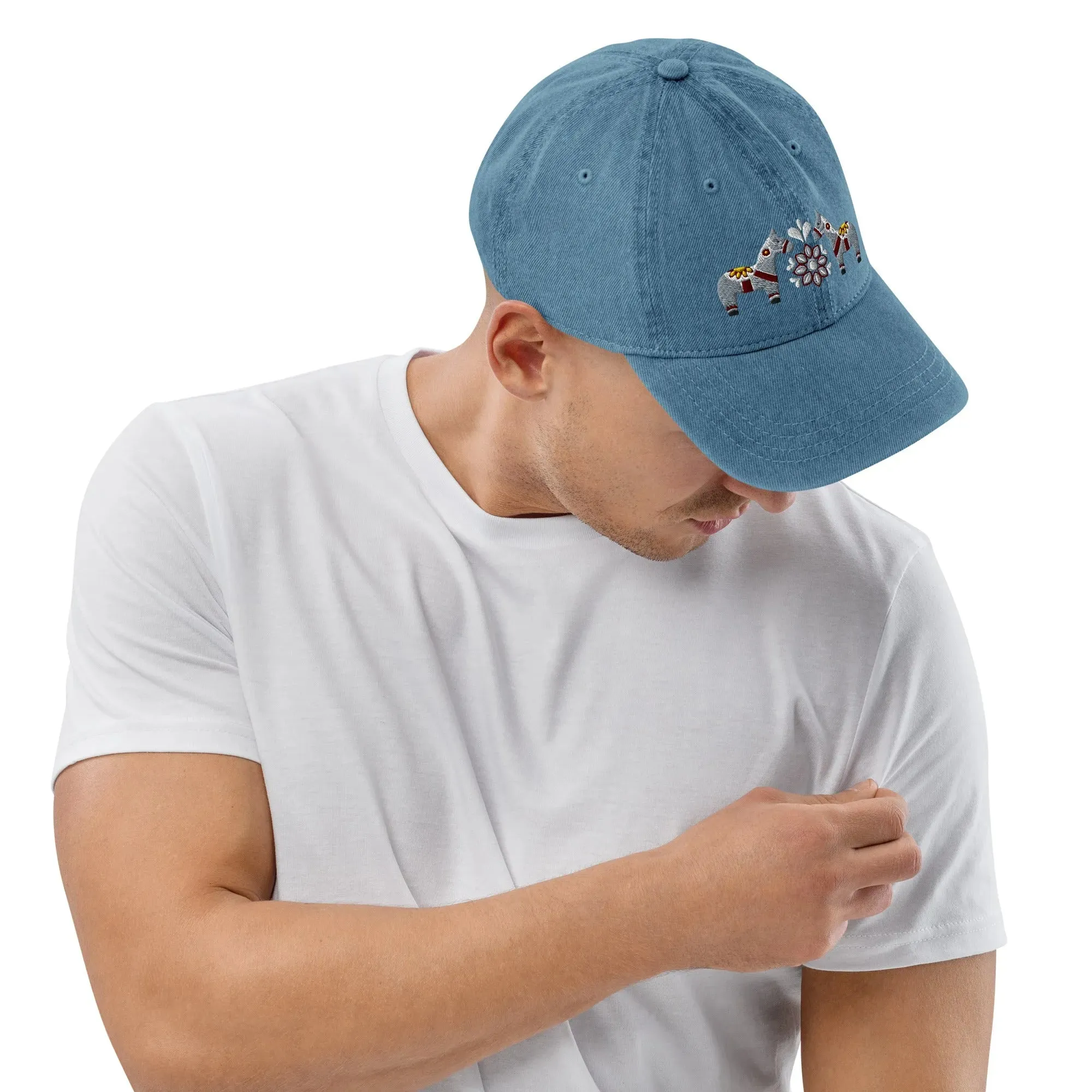 Swedish Dala Horse Embroidered Denim Dad Hat - Gray