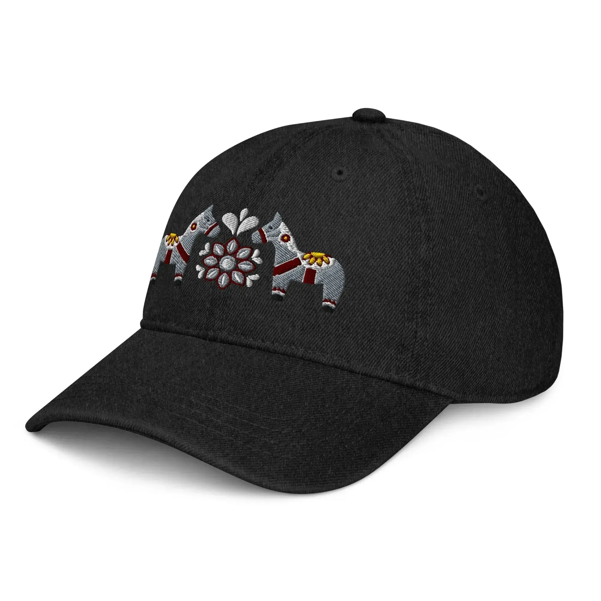 Swedish Dala Horse Embroidered Denim Dad Hat - Gray