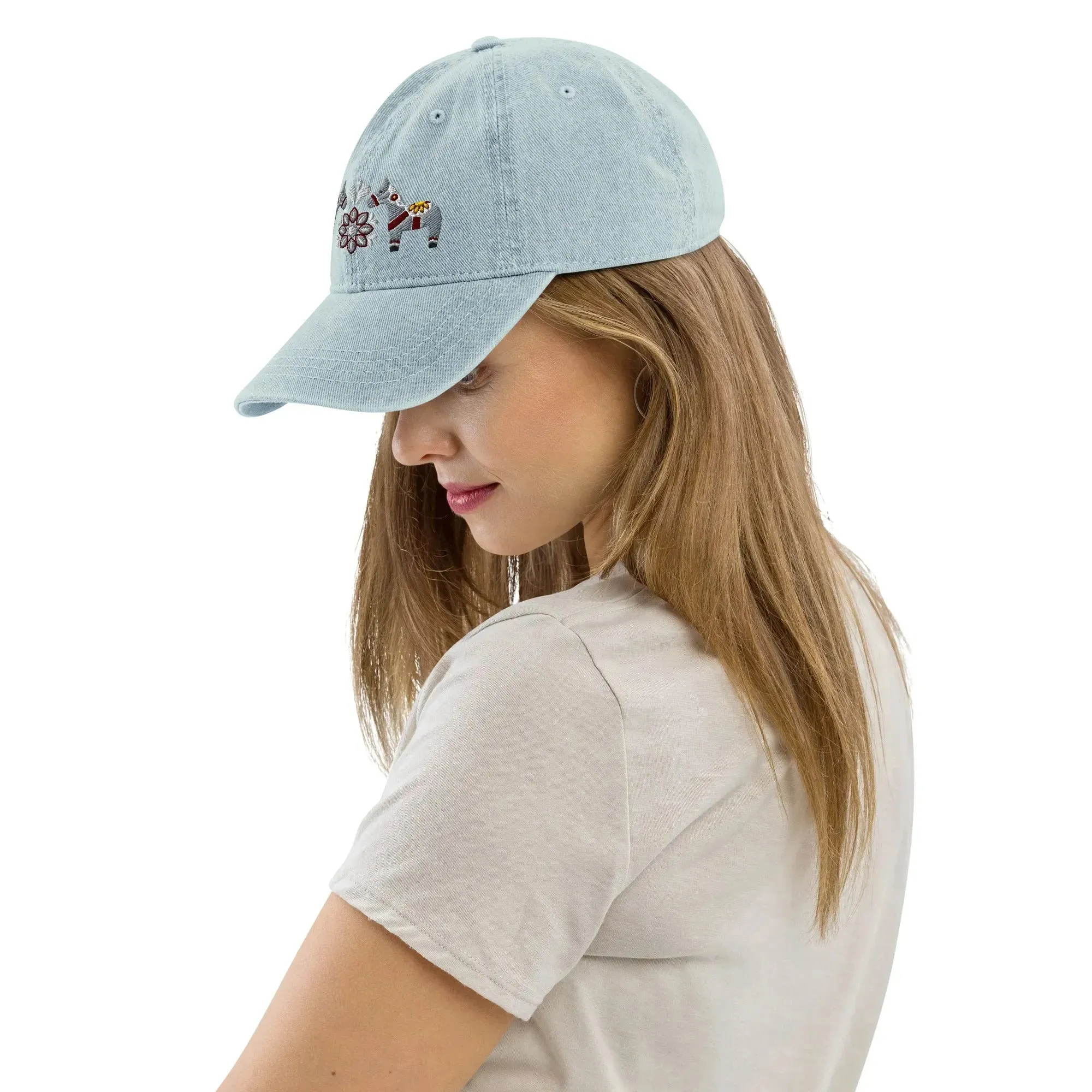 Swedish Dala Horse Embroidered Denim Dad Hat - Gray