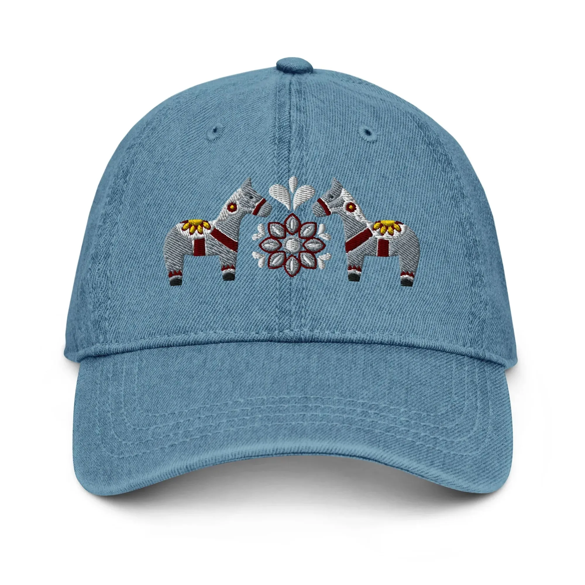 Swedish Dala Horse Embroidered Denim Dad Hat - Gray