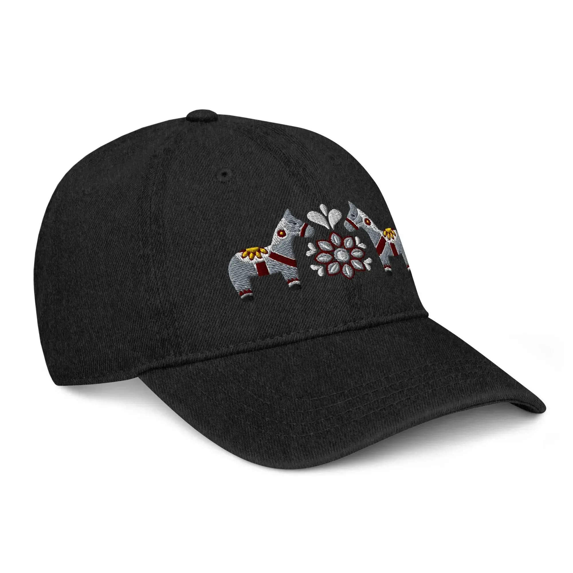 Swedish Dala Horse Embroidered Denim Dad Hat - Gray