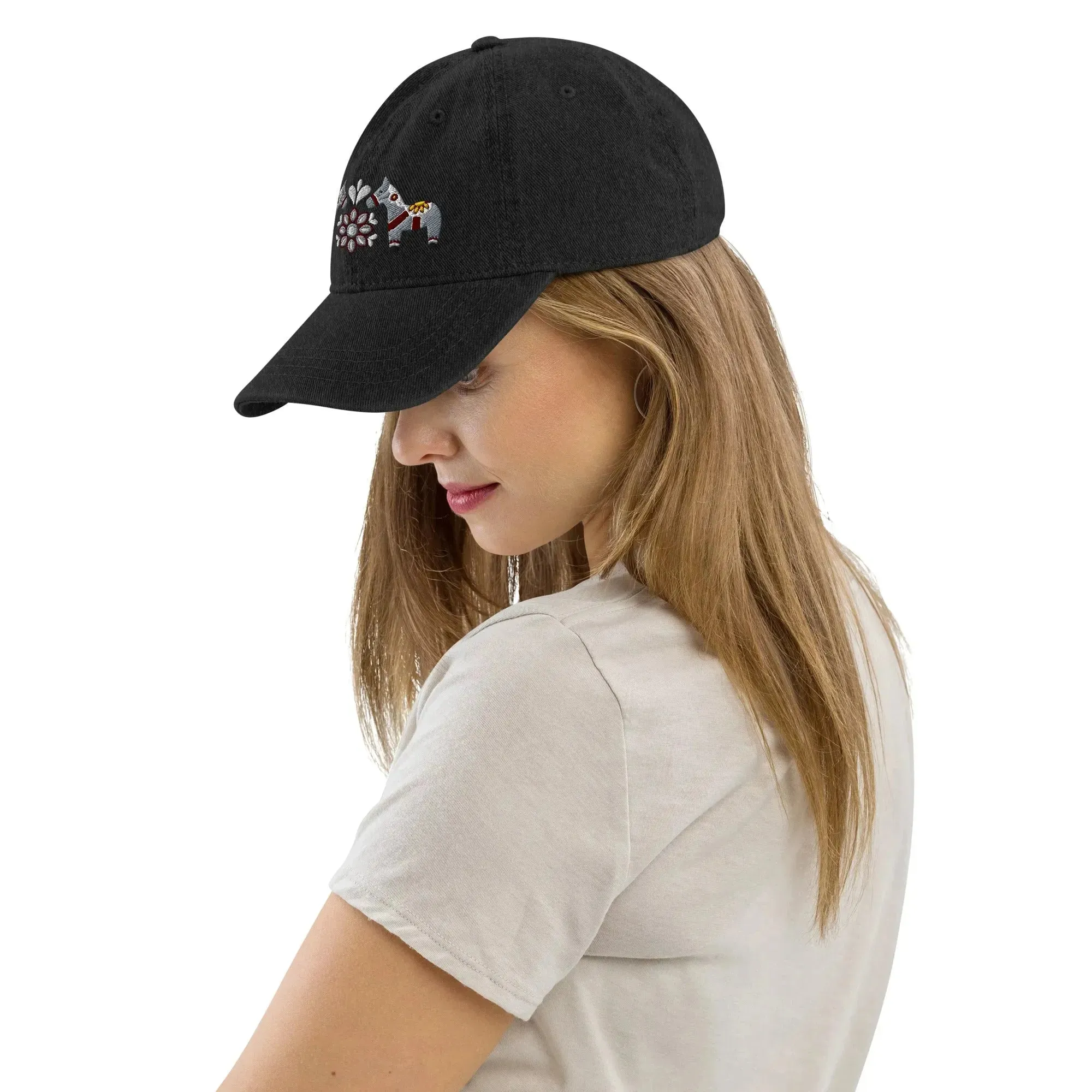 Swedish Dala Horse Embroidered Denim Dad Hat - Gray