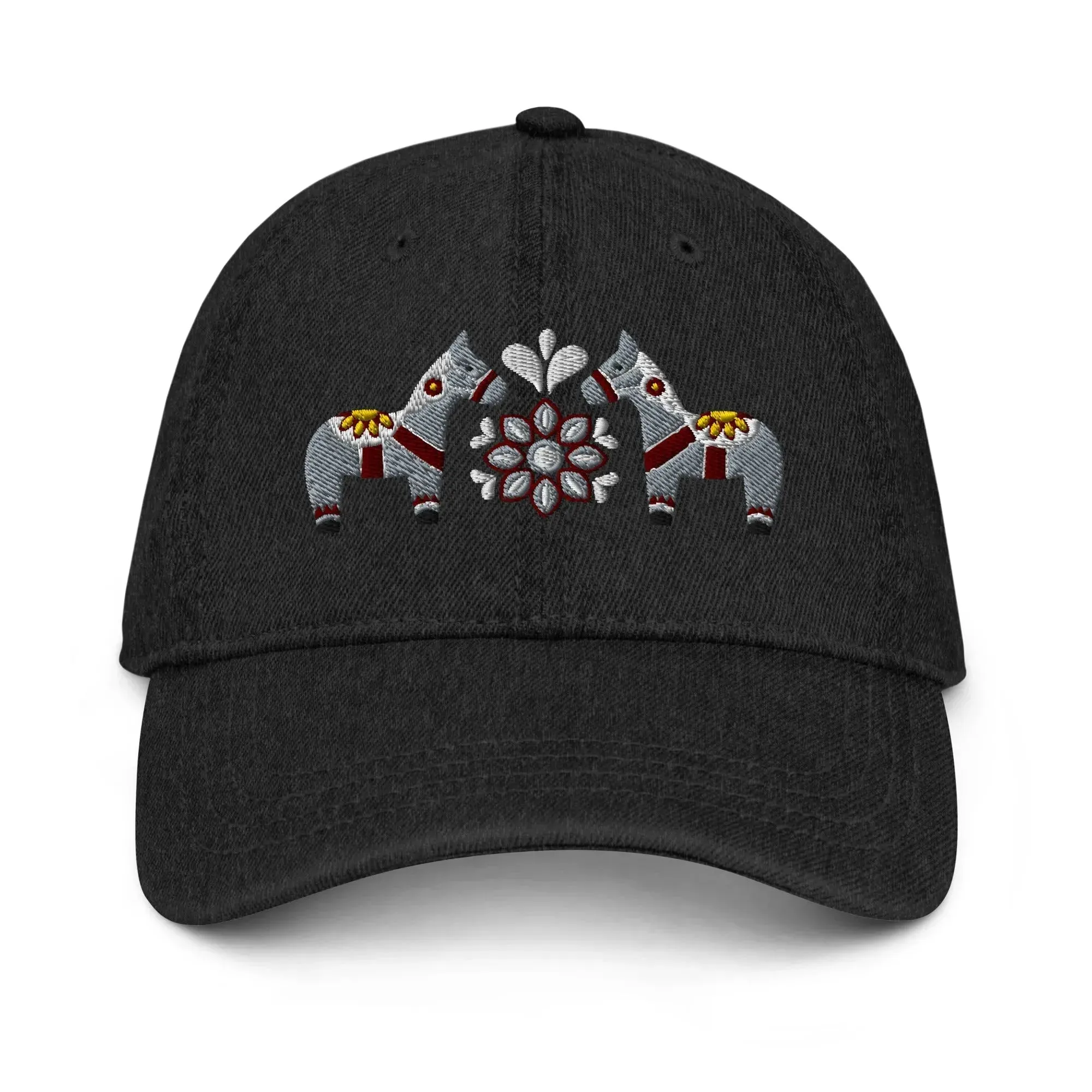 Swedish Dala Horse Embroidered Denim Dad Hat - Gray