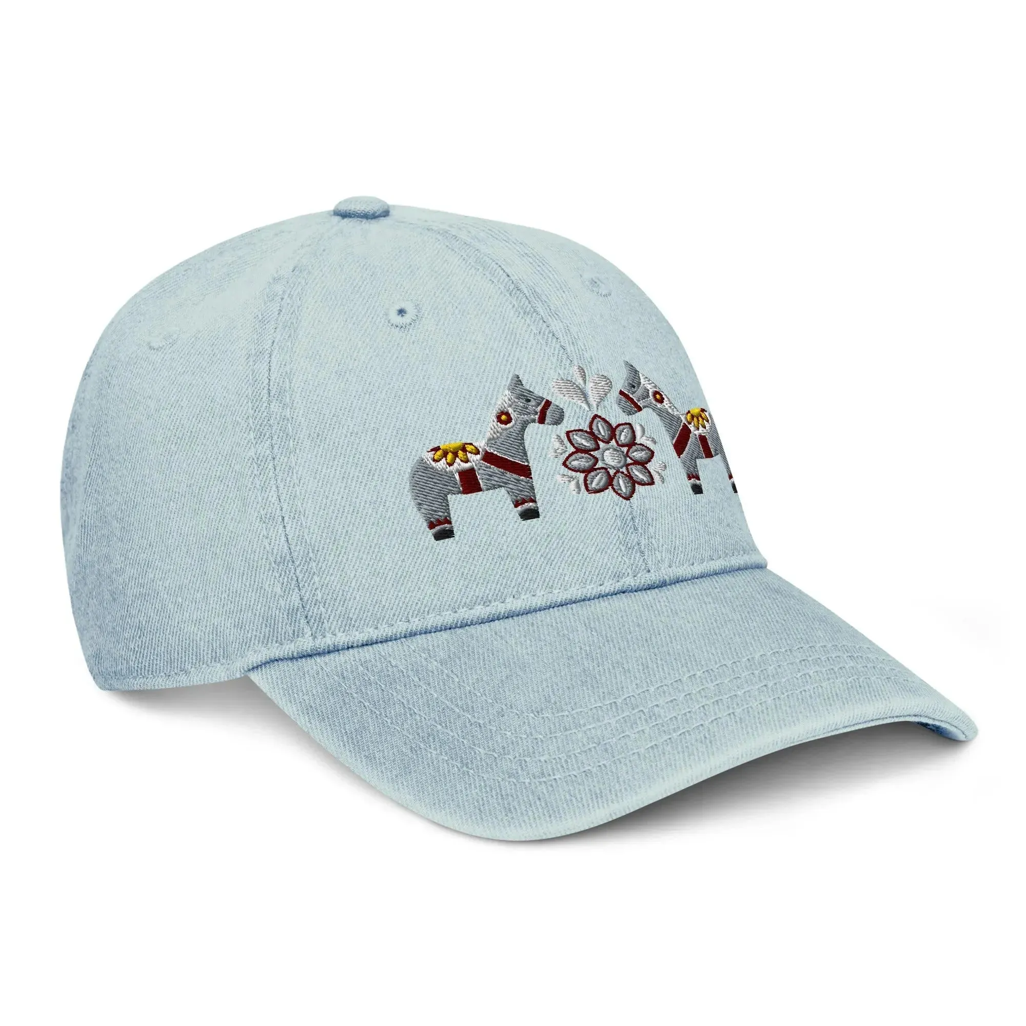 Swedish Dala Horse Embroidered Denim Dad Hat - Gray