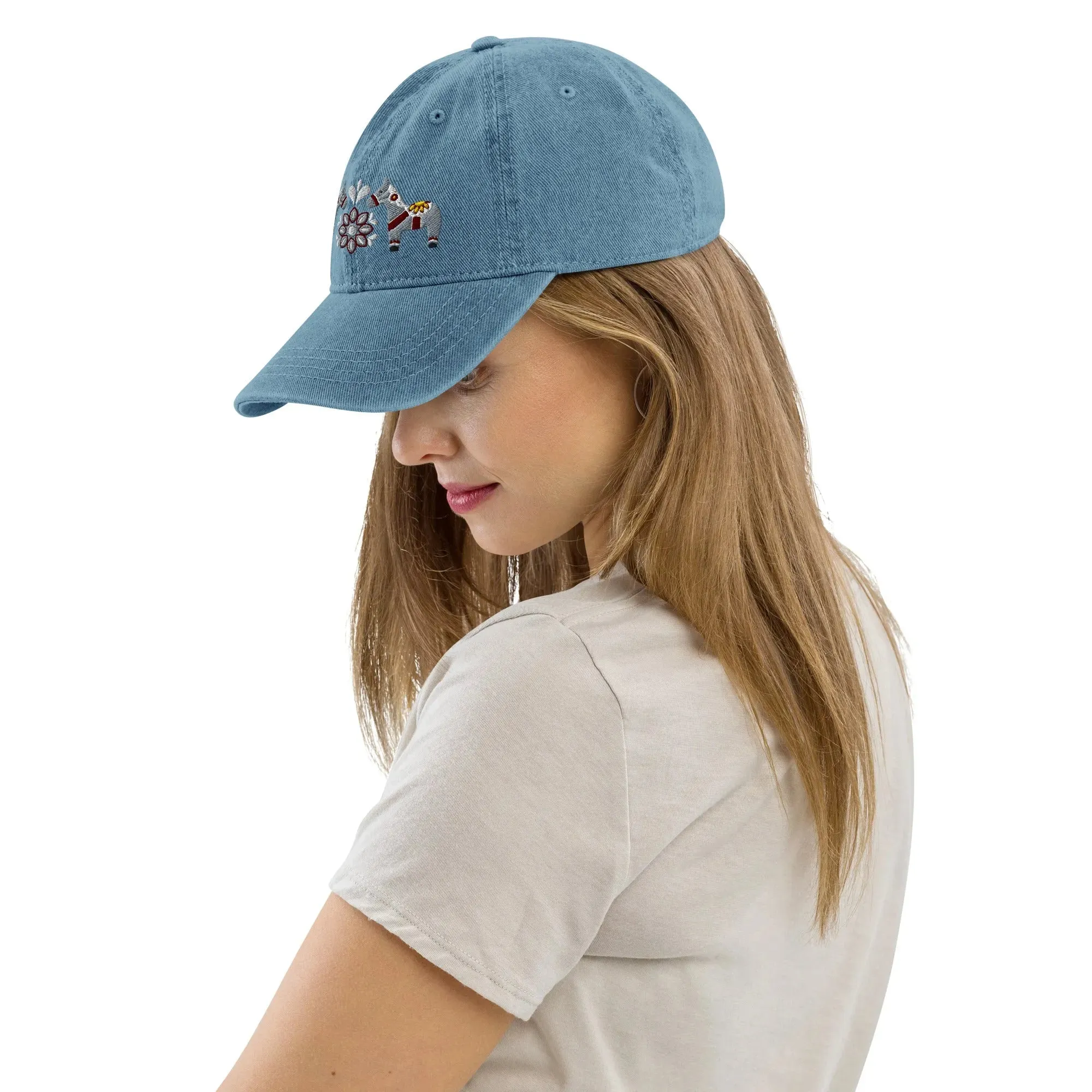 Swedish Dala Horse Embroidered Denim Dad Hat - Gray
