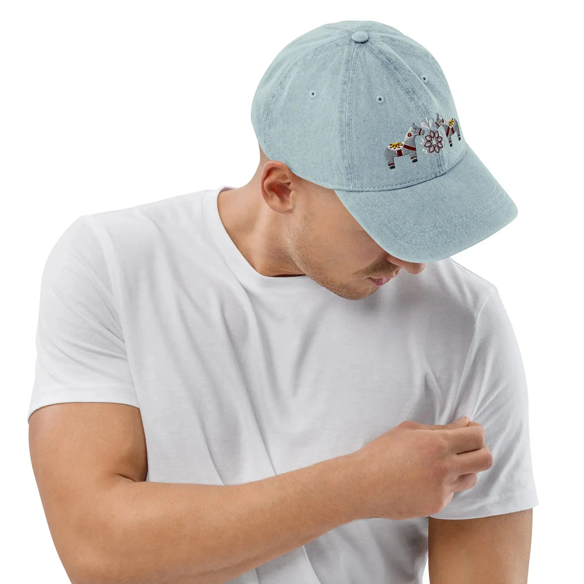 Swedish Dala Horse Embroidered Denim Dad Hat - Gray