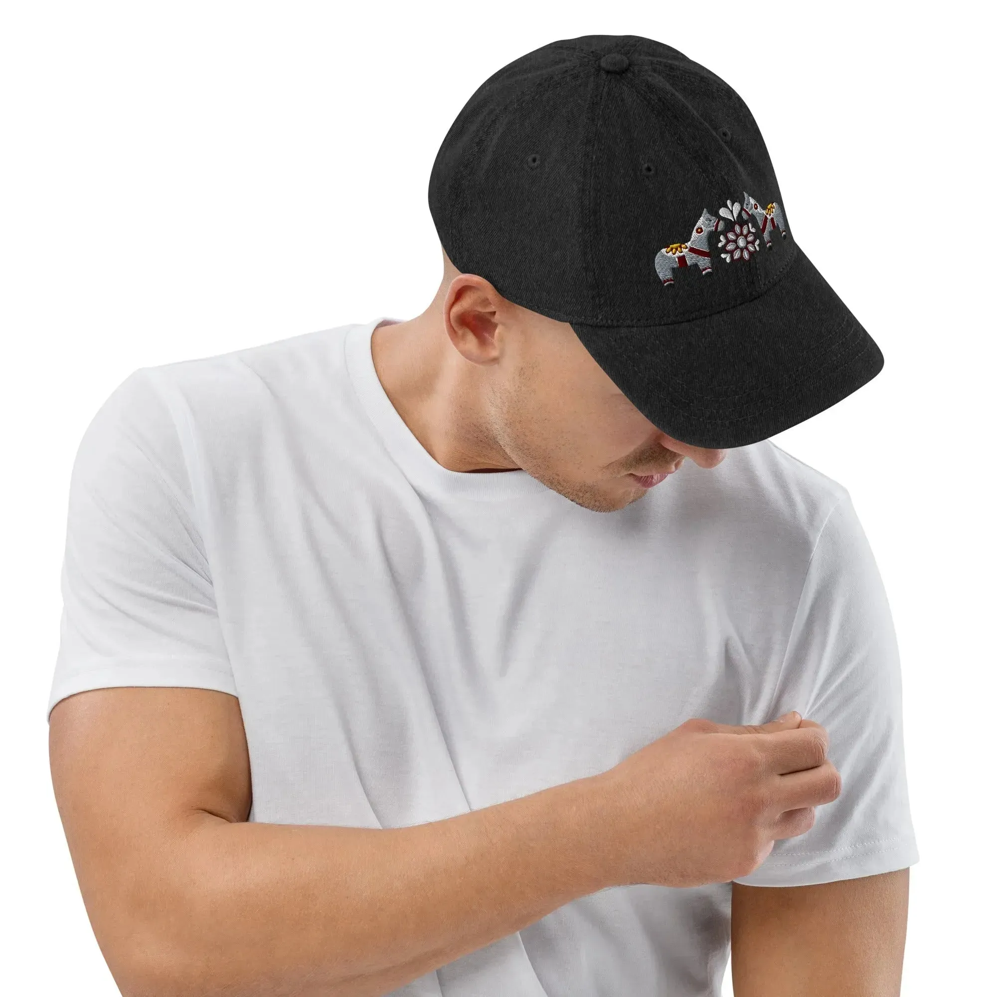 Swedish Dala Horse Embroidered Denim Dad Hat - Gray