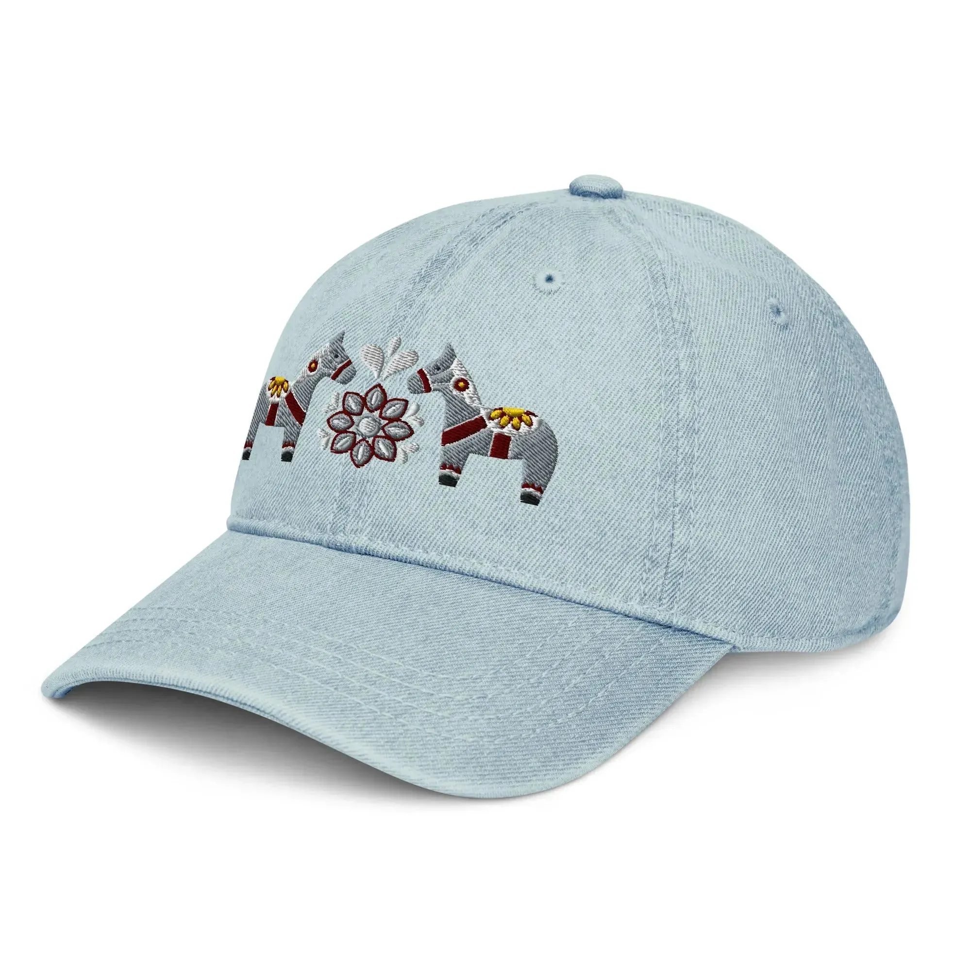 Swedish Dala Horse Embroidered Denim Dad Hat - Gray