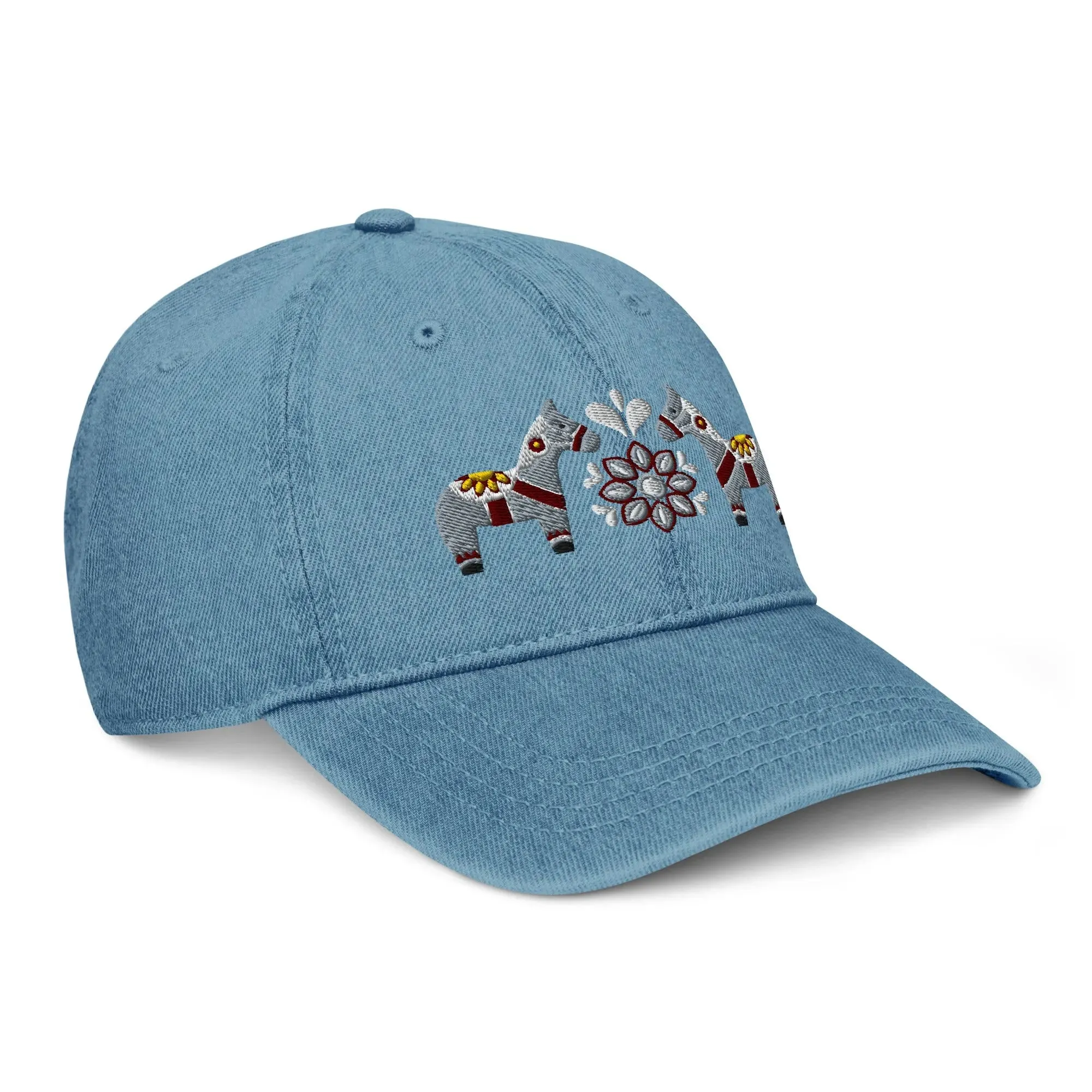 Swedish Dala Horse Embroidered Denim Dad Hat - Gray