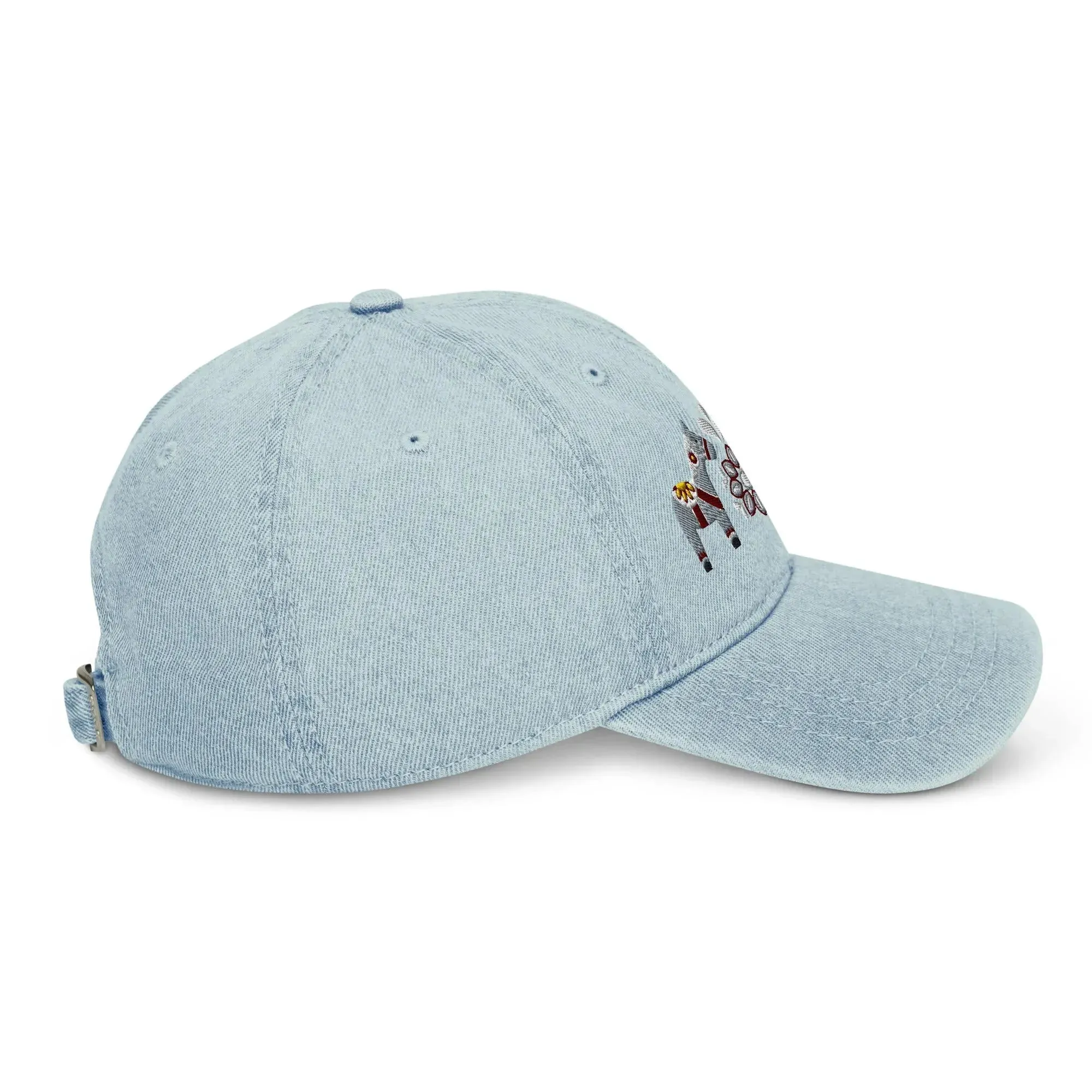 Swedish Dala Horse Embroidered Denim Dad Hat - Gray
