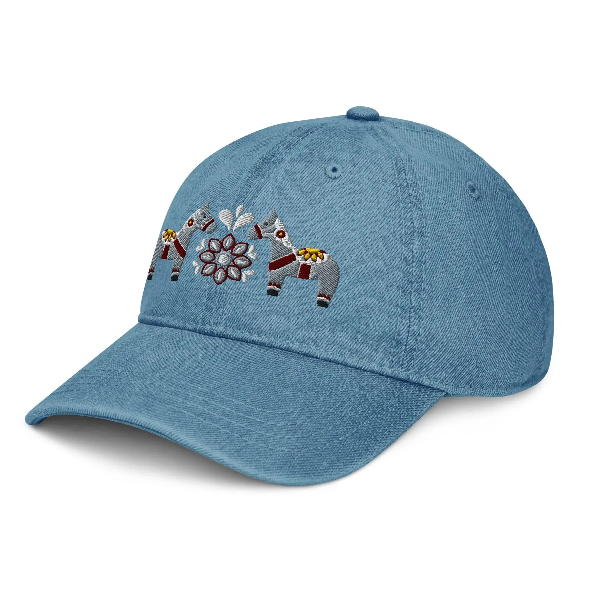 Swedish Dala Horse Embroidered Denim Dad Hat - Gray
