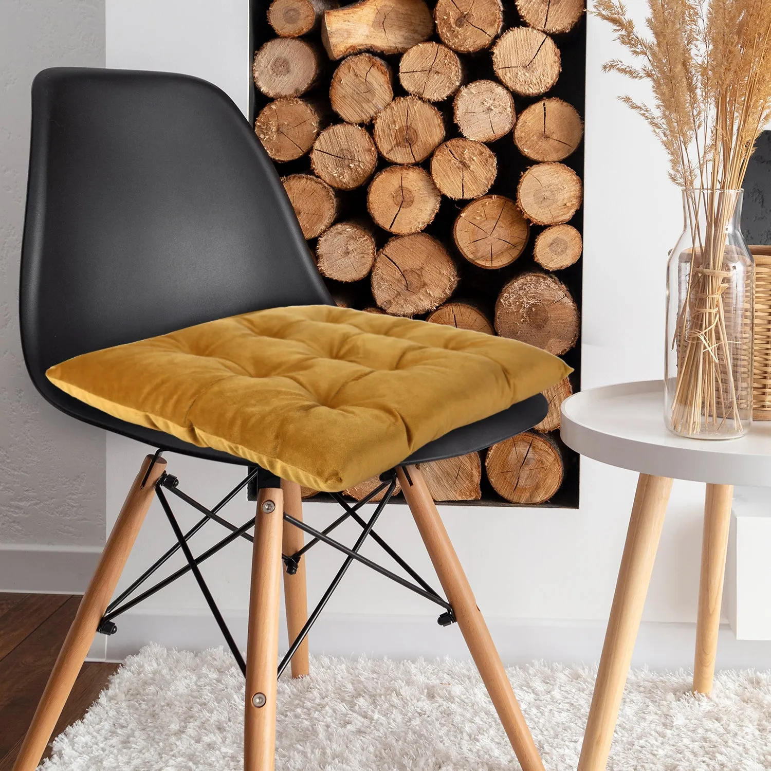 Velvet Slip Free Tufted  Chair Cushion Mustard 40x40cm