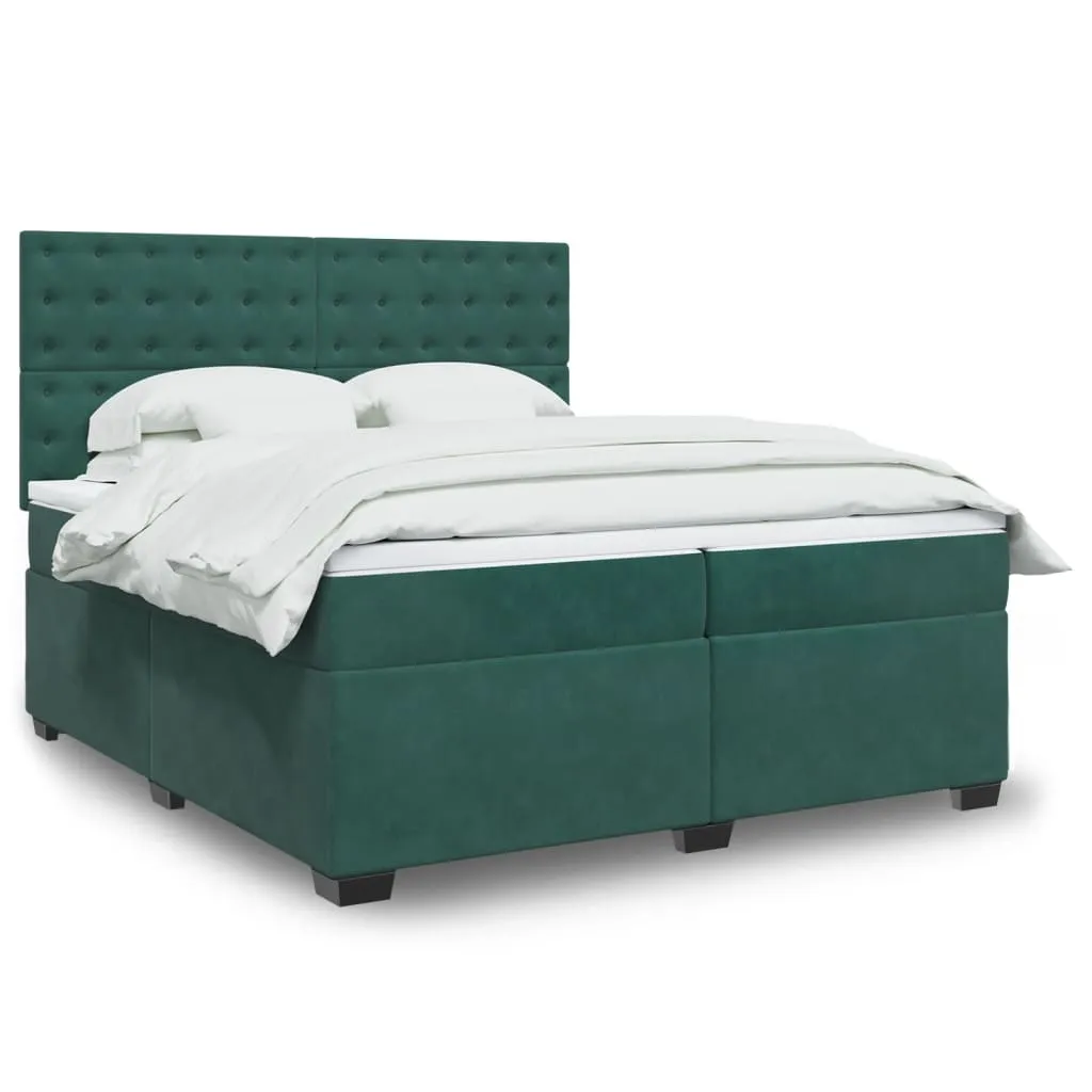 vidaXL Dark Green Velvet Box Spring Bed with Mattress - 200x200 cm, Luxurious Comfort & Adjustable Headboard