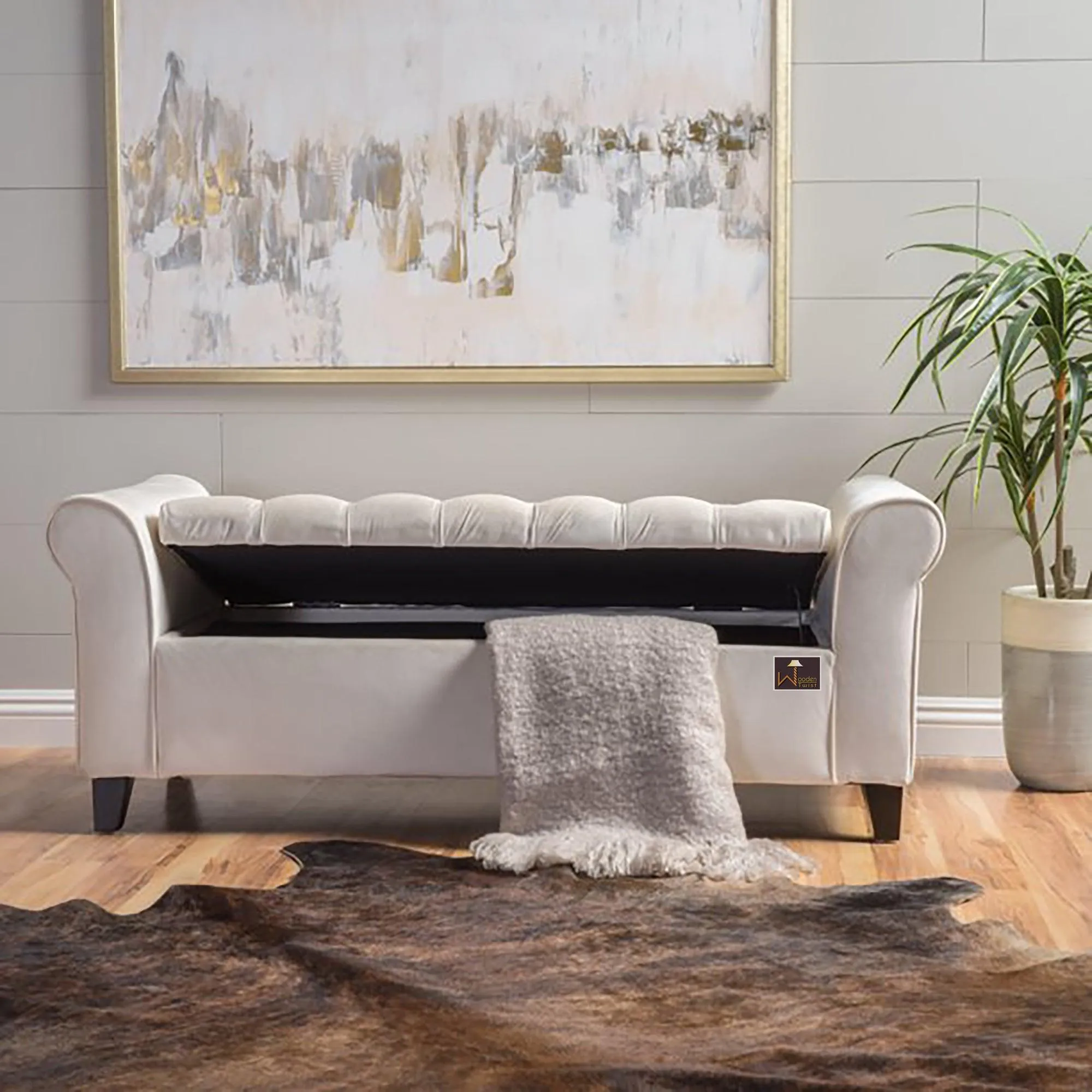Wooden Twist Zamansız Button Tufted Design Premium Wood 2 Seater Storage Bench (Ivory)