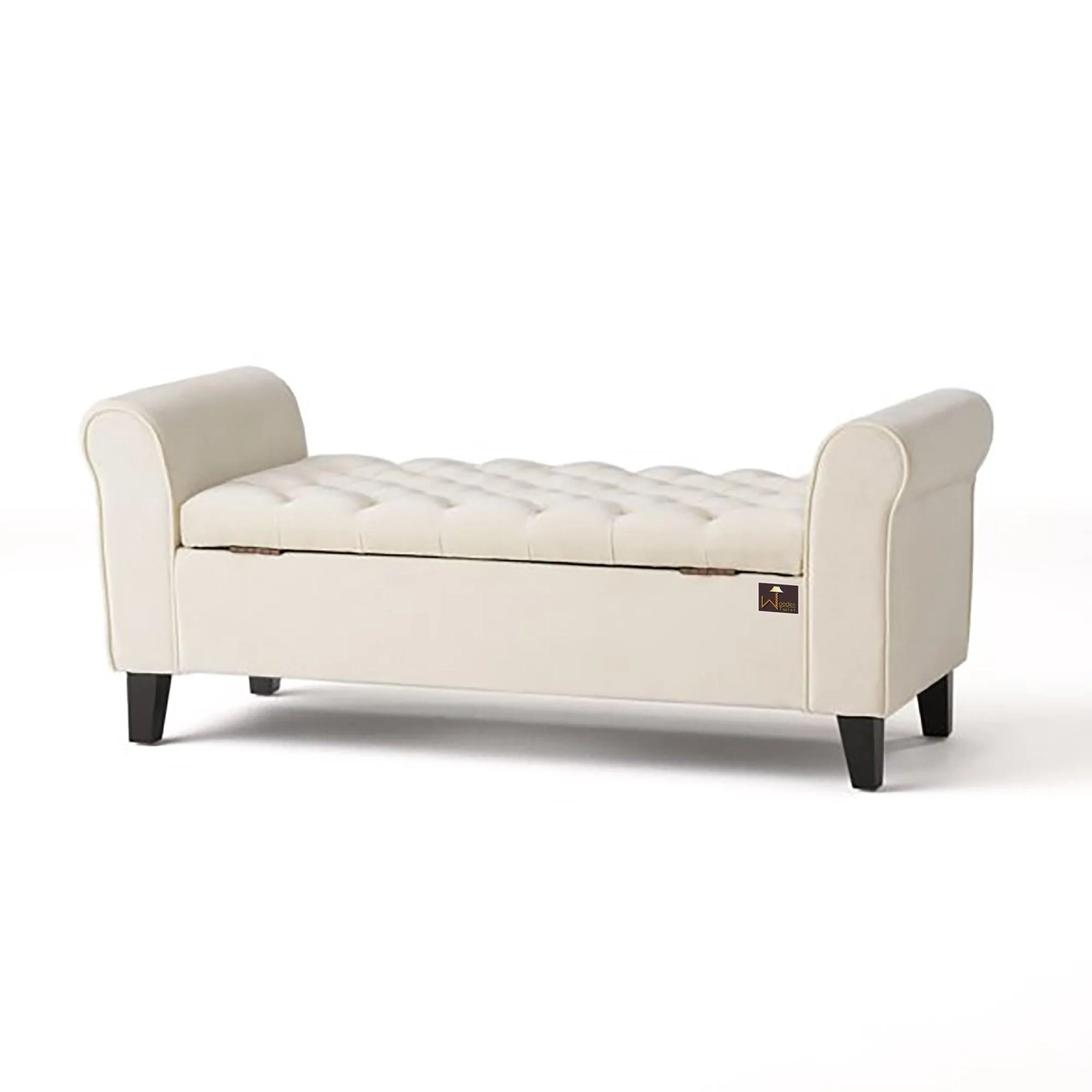 Wooden Twist Zamansız Button Tufted Design Premium Wood 2 Seater Storage Bench (Ivory)
