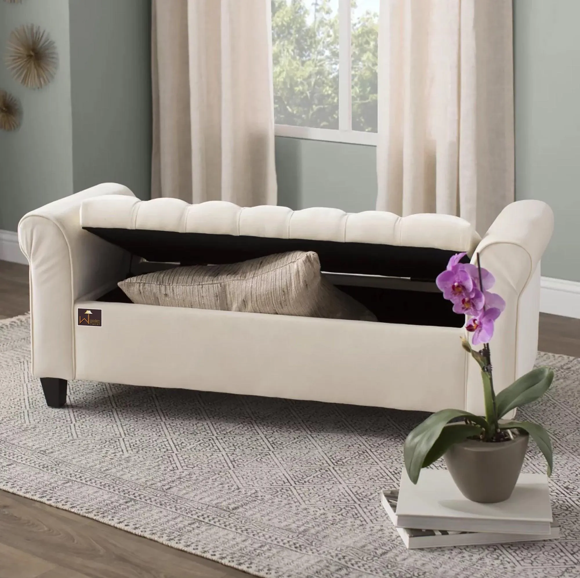 Wooden Twist Zamansız Button Tufted Design Premium Wood 2 Seater Storage Bench (Ivory)
